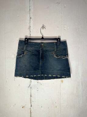 Vintage Y2K OPRK Low Rise Distressed Denim Micro Mini Skirt with Back Patch